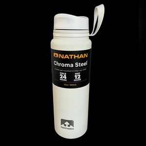 New 32oz white Nathan chroma steel bottle. Cold 24 hours hot 12 hours.